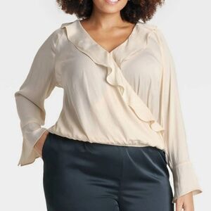 Women's Flounce Long Sleeve V-Neck Ruffle Wrap Blouse - a New Day Cream XXL NWT